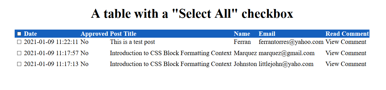 An HTML table with a select all checkbox