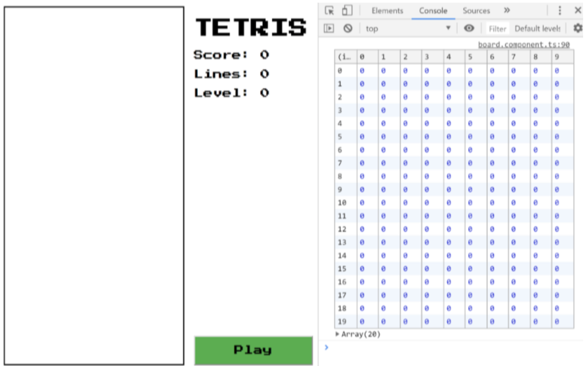 Board matrix shown via console