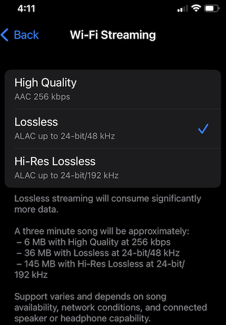 Apple Music's estimations for file size and streaming quality