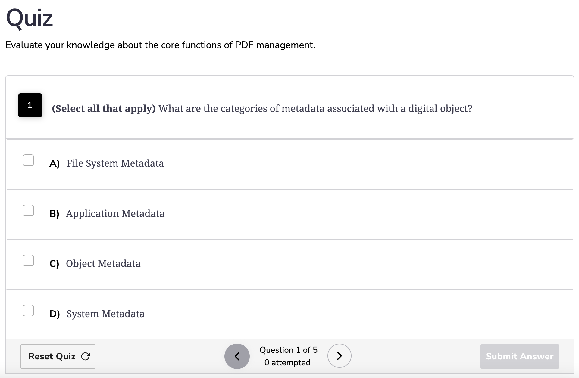 Screenshot of a quiz from PDF Management in Python