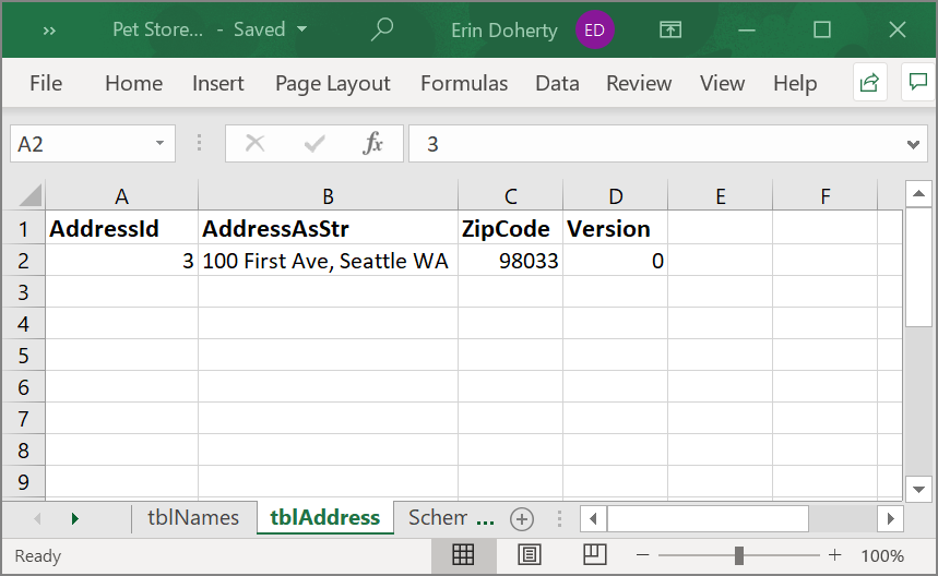 Address Table with one example row